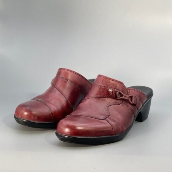 Clarks Leather Clogs Burgundy Red SlipOn Comfort OrthoLite Footbed Women Size 7 - Picture 2 of 9